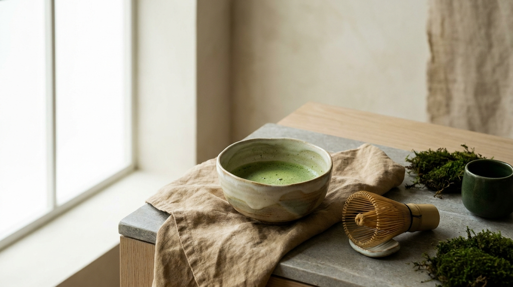 Senmi Ceremonial Matcha in der Keramikschale mit Bambusbesen